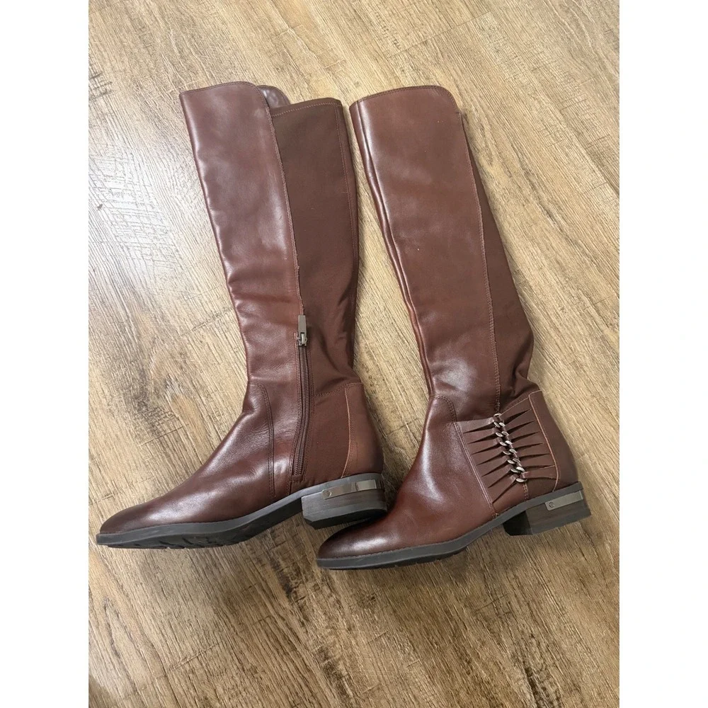 Vince Camuto Brown Leather Over The Knee Boots Size 8M Whipstitch Lug Sole